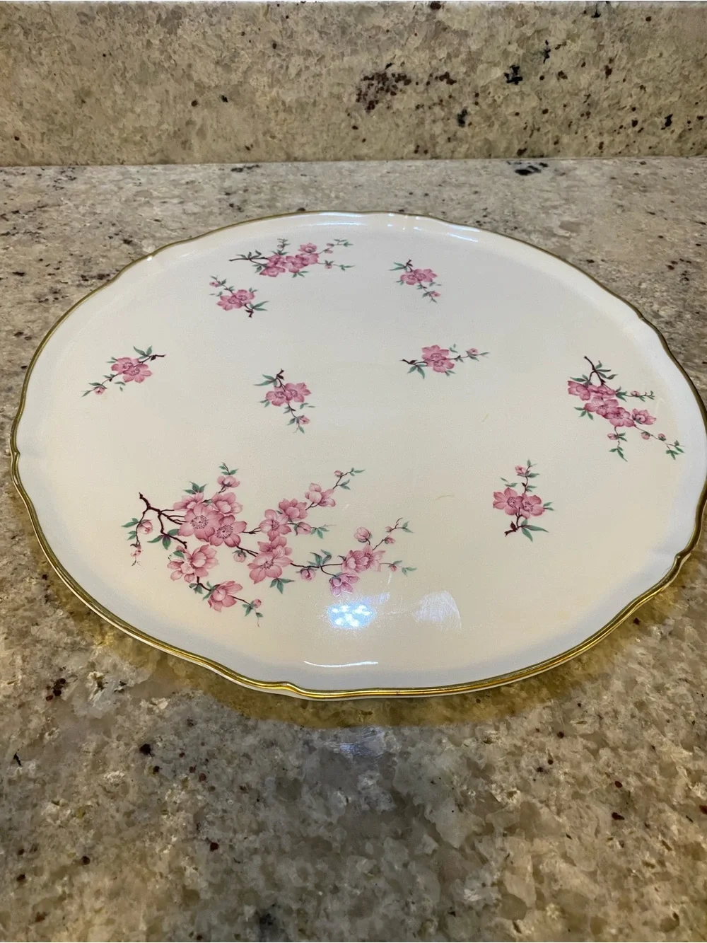 Porcelain Cake Stand with Pink Floral Motif and Gold Trim 13 & 1/2” tiny mark on - Picture 1 of 4